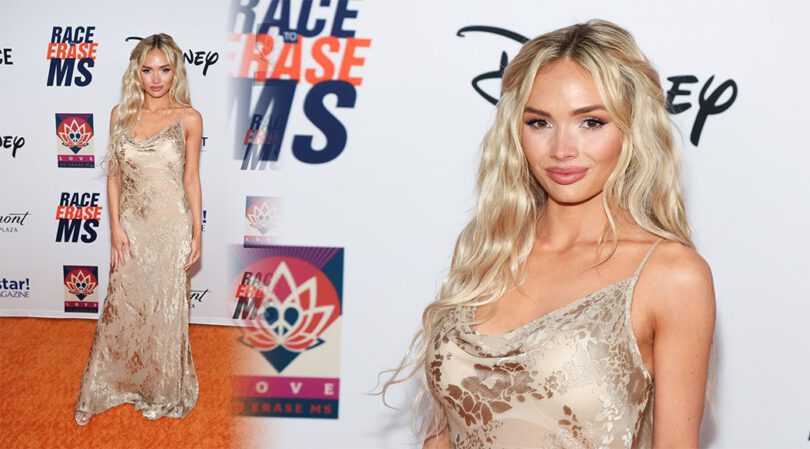 Natalie Alyn Lind Glows In Stunning Gold Jacquard Gown At Race To Erase MS Gala