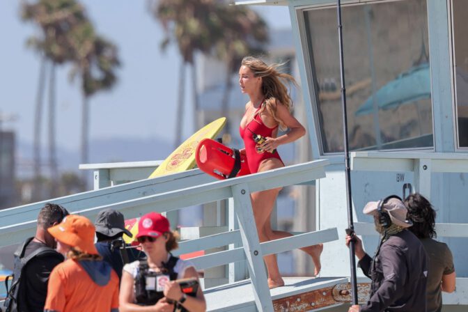 Hassie Harrison Big Boobs Red Baywatch Swimsuit Shay Mitchell La