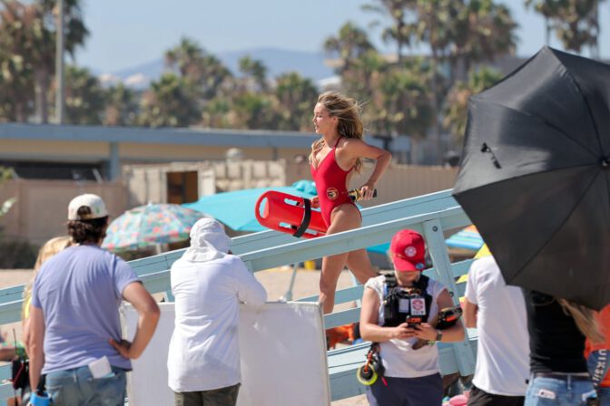 Hassie Harrison Big Boobs Red Baywatch Swimsuit Shay Mitchell La