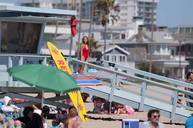 Hassie Harrison Big Boobs Red Baywatch Swimsuit Shay Mitchell La