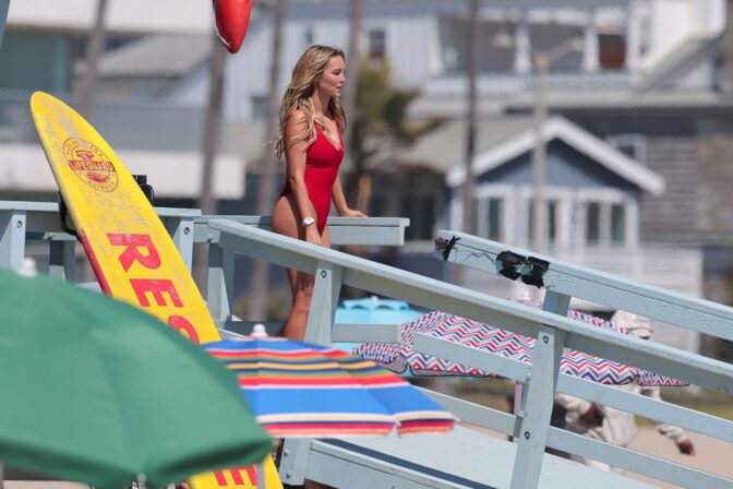 Hassie Harrison Big Boobs Red Baywatch Swimsuit Shay Mitchell La
