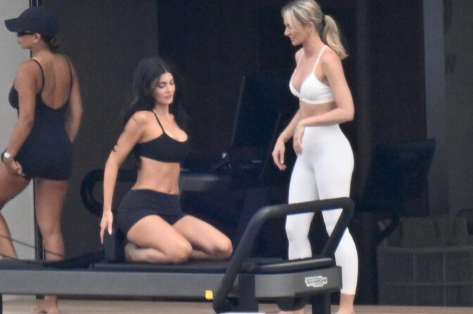 Kylie Jenner Cleavage Plunging Bra Pilates Sardinia Superyacht