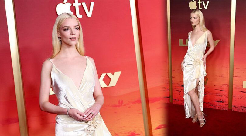 Anya Taylor-Joy Flashes Huge Leg Slit in Clinging White Gown at Lucky Premiere