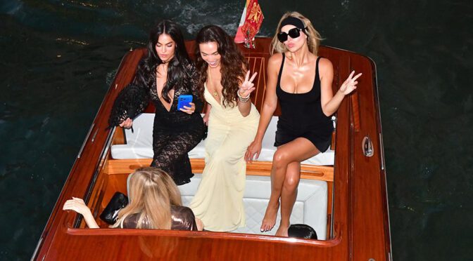 Brooks Nader Flaunts Massive Cleavage and Endless Sexy Legs in Tiny Black Dress on Venice Yacht with Sisters
