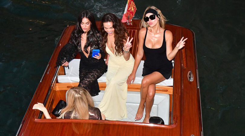 Brooks Nader Flaunts Massive Cleavage and Endless Sexy Legs in Tiny Black Dress on Venice Yacht with Sisters