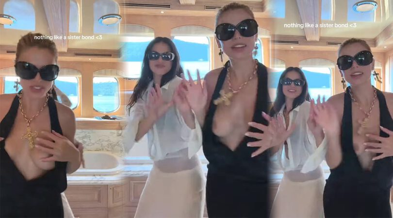 Brooks Nader Boob Slip Oops in Plunging Black Dress During Yacht Sister Dance (NSFW)