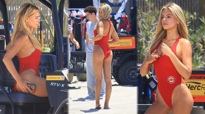 Brooks Nader Stuns On Baywatch Reboot Set In Flame Red High Cut Swimsuit