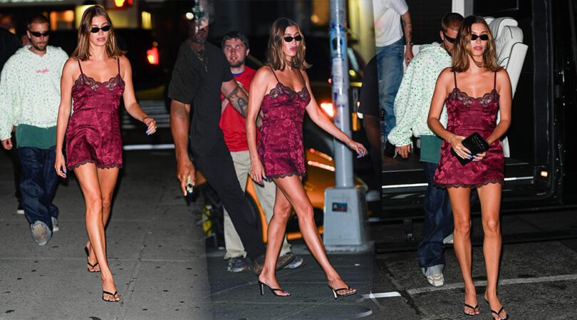 Hailey Bieber Stuns in a Vintage Red Lace Mini Dress During SoHo Date Night
