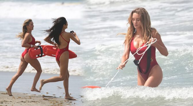 Hassie Harrison Flaunts Big Boobs and Sexy Booty in Wet Baywatch Swimsuit