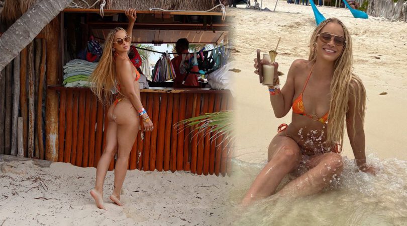 Jasmine Sanders Flaunts Her Spectacular Booty in a Tiny Orange Thong Bikini During Wild Mexico Getaway