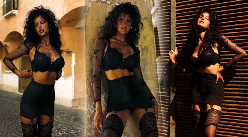 Liza Makhu Heats Up Italian Streets in Sizzling Black Lace Lingerie Shoot