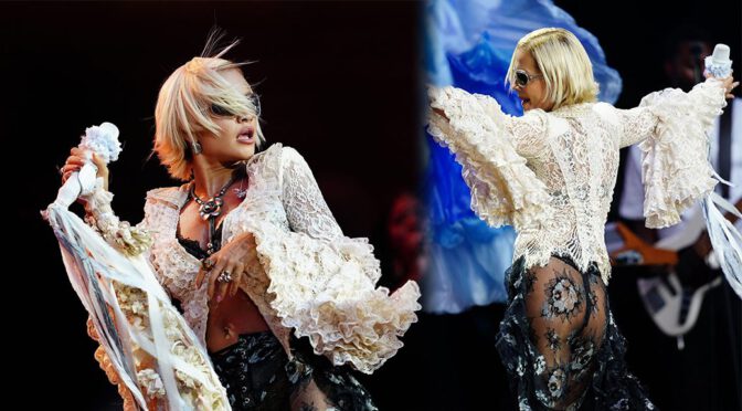 Rita Ora Flaunts Bare Ass and Thong in Sheer Lace Stage Outfit