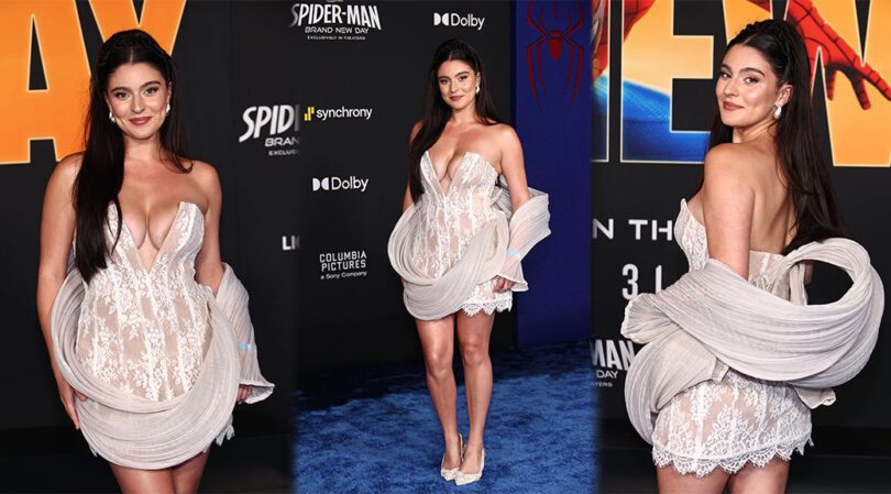 Taya Miller Bares Tremendous Cleavage in Sheer Lace Mini Dress at Spider-Man Premiere