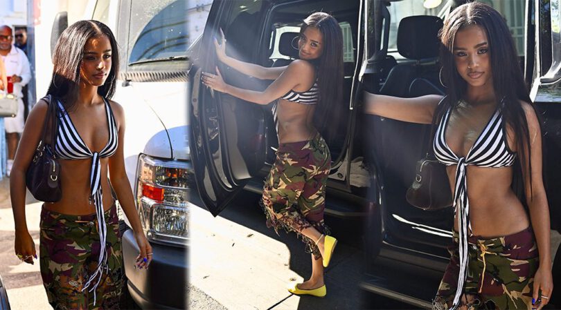 Tyla Nearly Spills Out of Tiny Striped Bikini Top as She Hits the LA Streets in Camo Pants