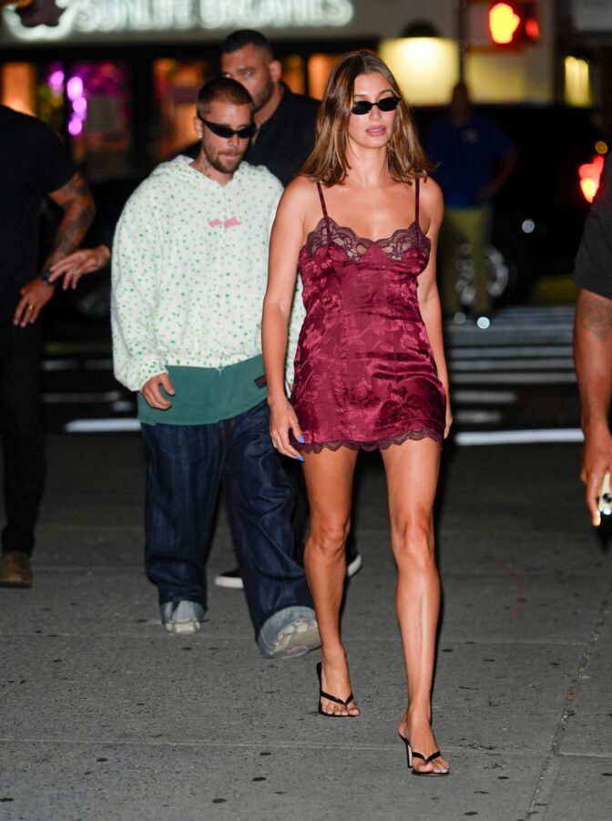 Hailey Bieber Leggy Red Lace Dress Nyc Night Out