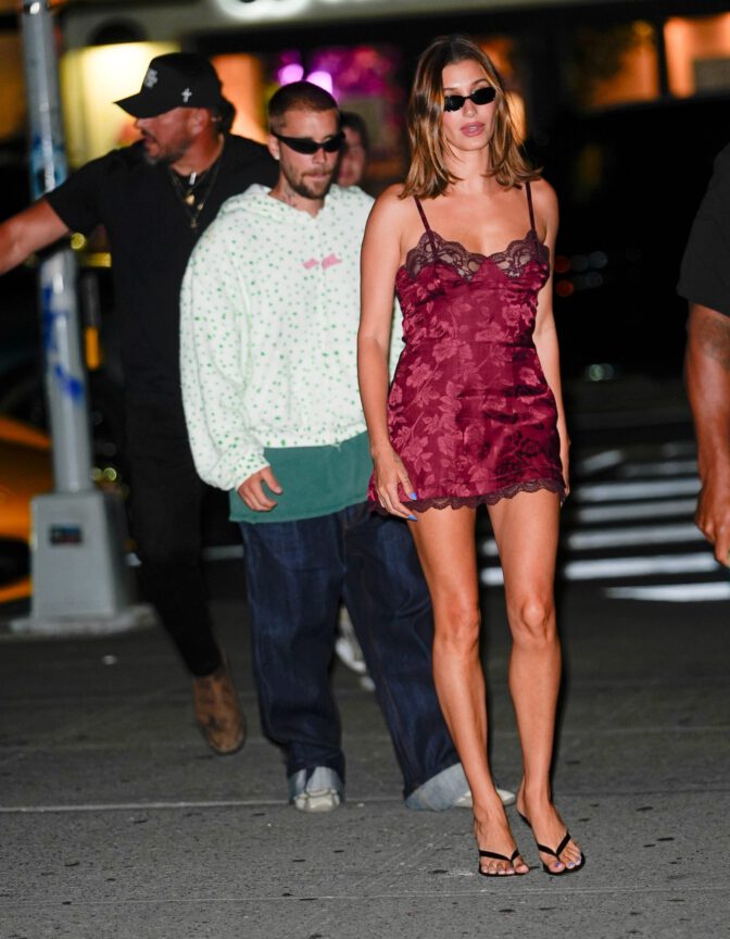Hailey Bieber Leggy Red Lace Dress Nyc Night Out