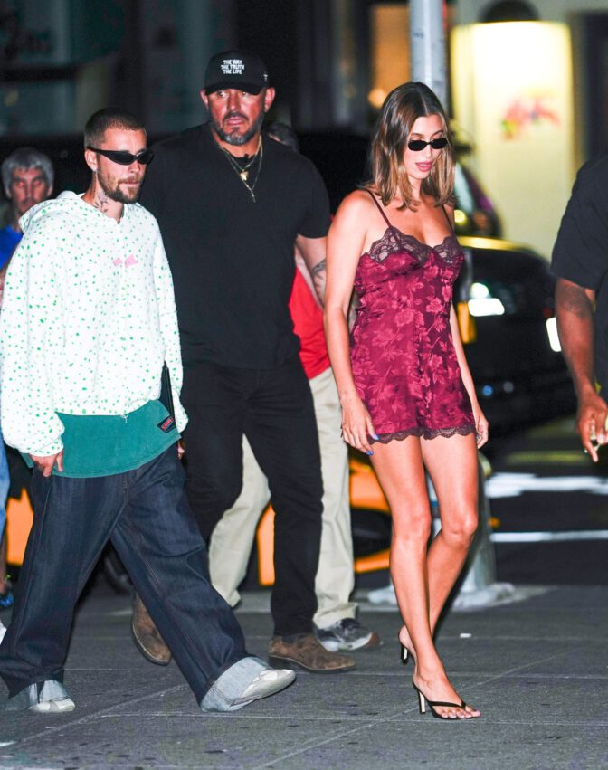 Hailey Bieber Leggy Red Lace Dress Nyc Night Out