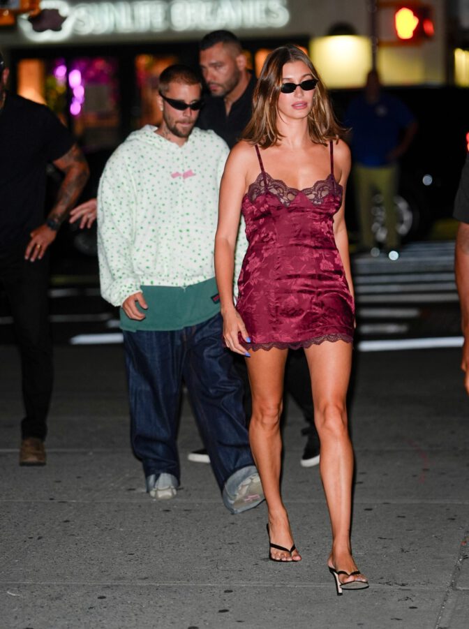 Hailey Bieber Leggy Red Lace Dress Nyc Night Out