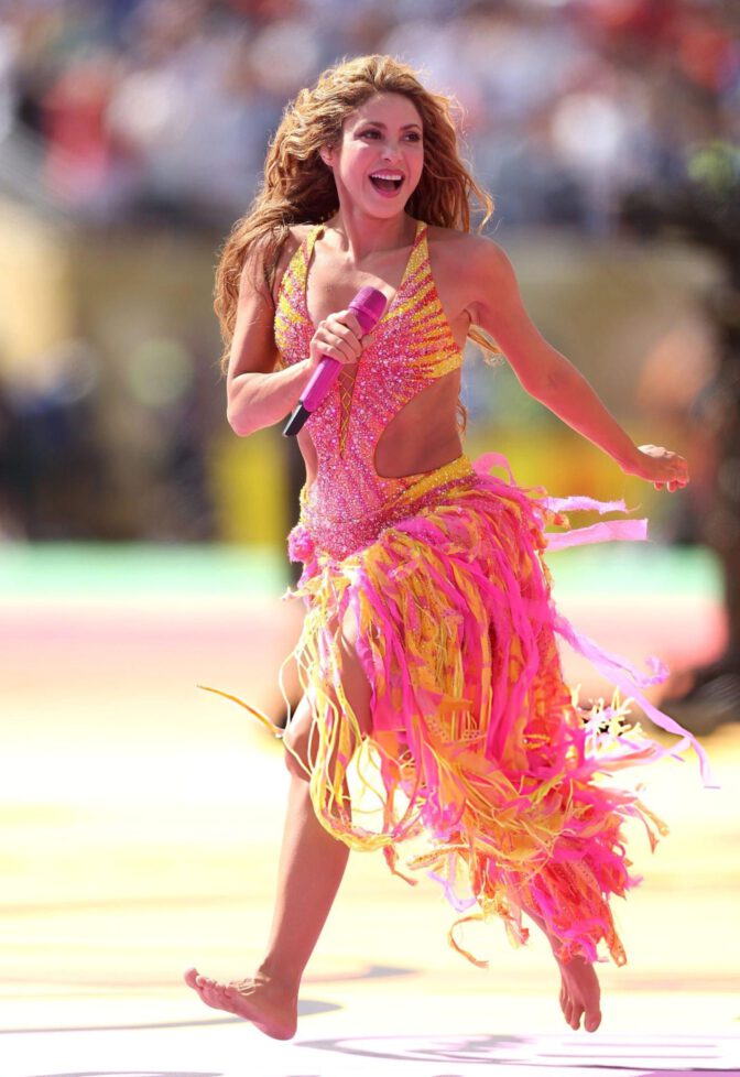 Shakira World Cup Halftime Show Pink Crystal Bodysuit Barefoot Performance