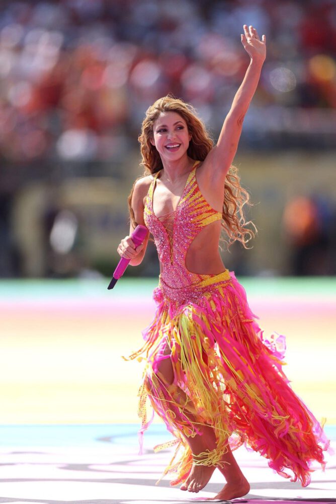 Shakira World Cup Halftime Show Pink Crystal Bodysuit Barefoot Performance