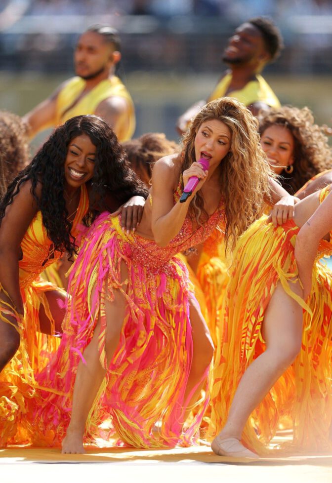 Shakira World Cup Halftime Show Pink Crystal Bodysuit Barefoot Performance