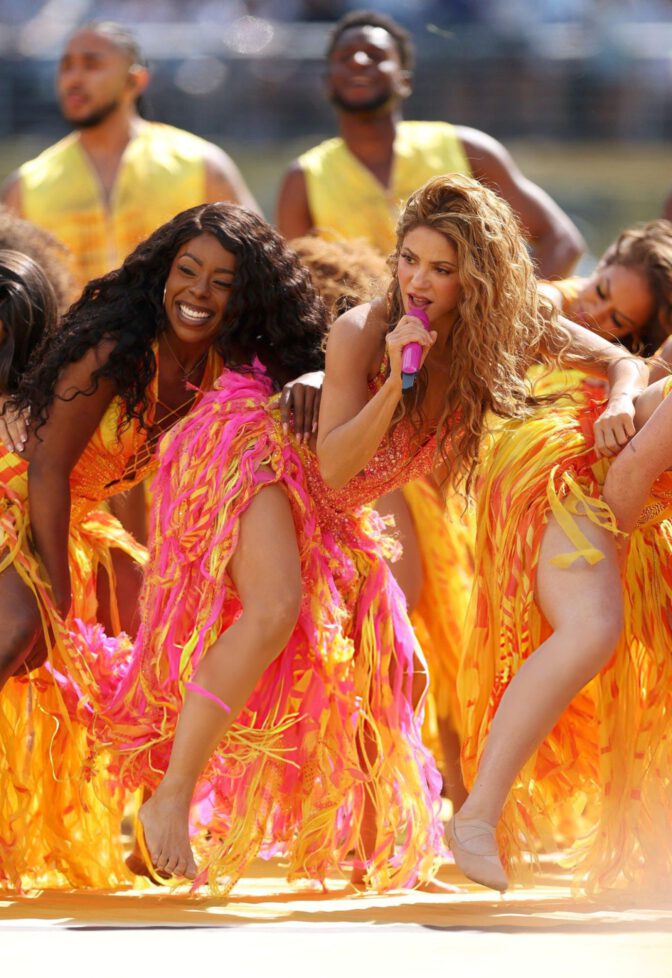 Shakira World Cup Halftime Show Pink Crystal Bodysuit Barefoot Performance