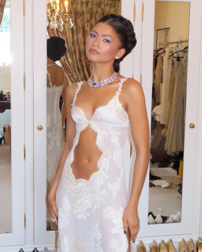Zendaya Revealing White Lace Cutout Dress Curves Legs Odyssey Paris Premiere