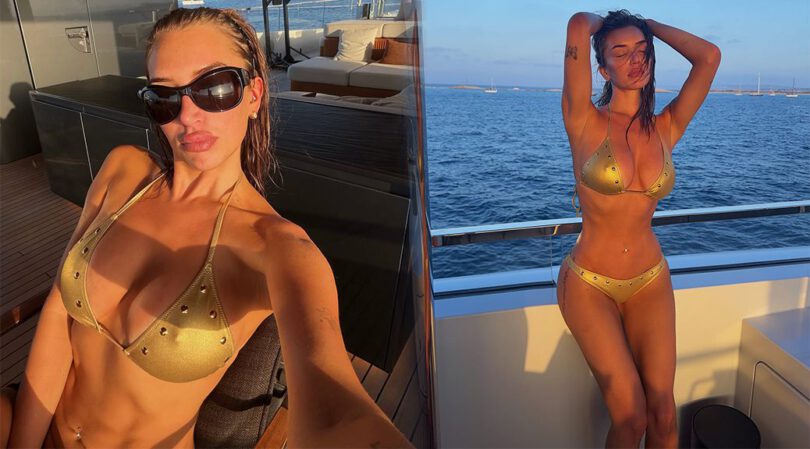 Stassie Karanikolaou’s Cleavage and Wet Curves  in Skimpy Gold Studded Bikini on the Yacht