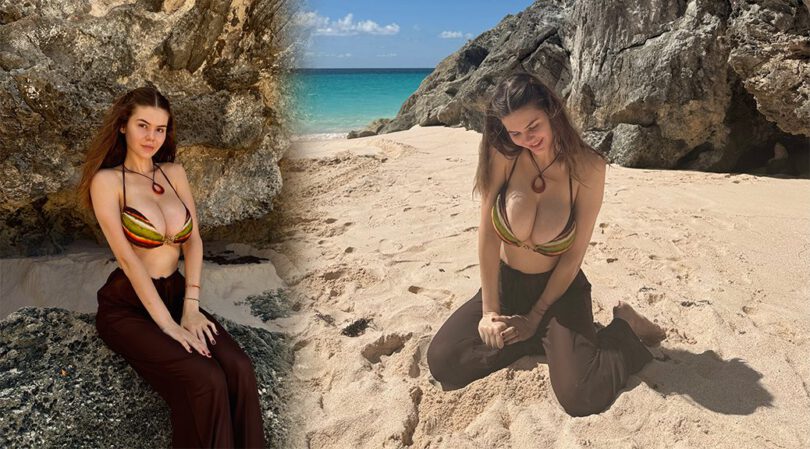 Ashley Tervort’s Huge Breasts Barely Fit That Striped Bikini on the Beach