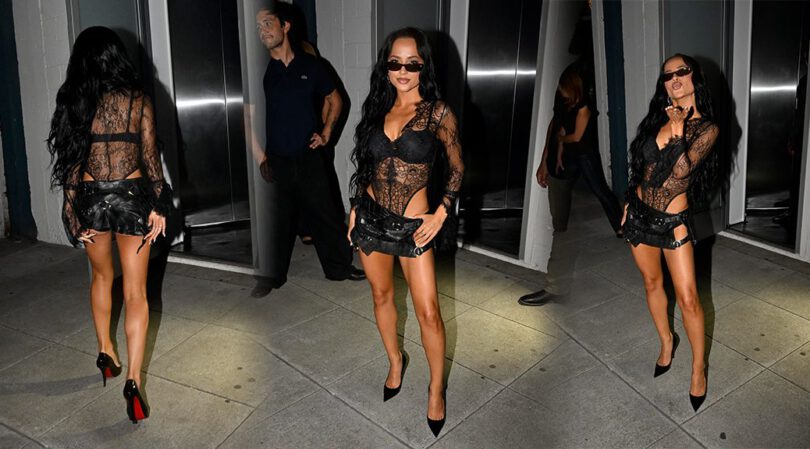 Becky G Stuns in Sheer Lace Bodysuit and Micro Leather Skirt at Album Party