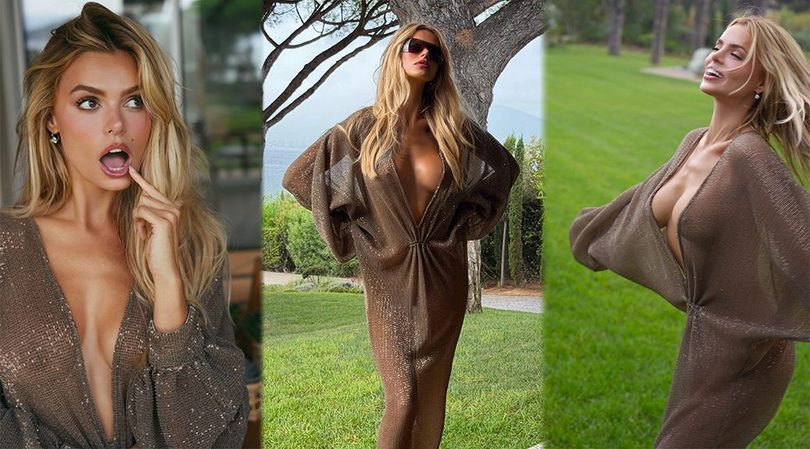 Brooks Naderโs Spectacular Braless Cleavage Nearly Spills Out of Sheer Gray Sequin Dress