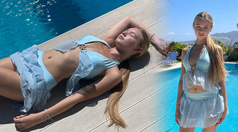 Suzanna Arsentieva Looks Fresh and Flirty in Baby-Blue Swimwear on a Sunny Getaway