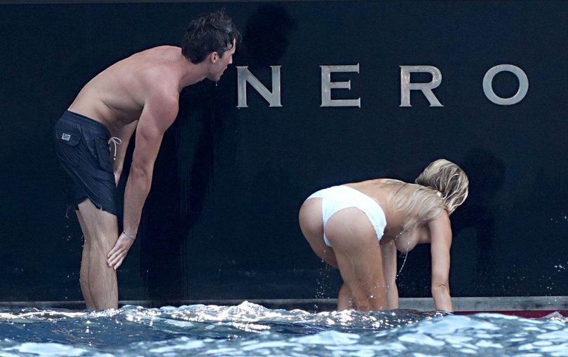 Brooks Nader Topless Positano Yacht Bare Breasts White Bottoms