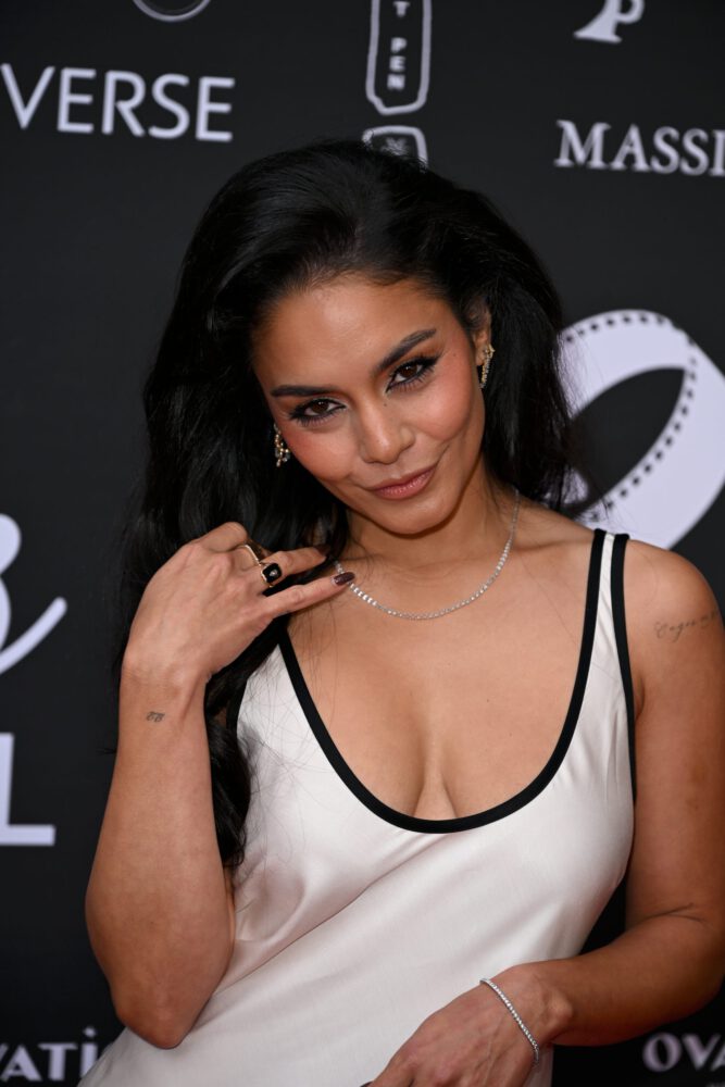 Vanessa Hudgens Cleavage Plunging White Satin Slip Dress Hollyshorts