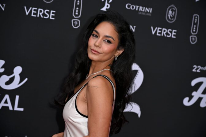 Vanessa Hudgens Cleavage Plunging White Satin Slip Dress Hollyshorts