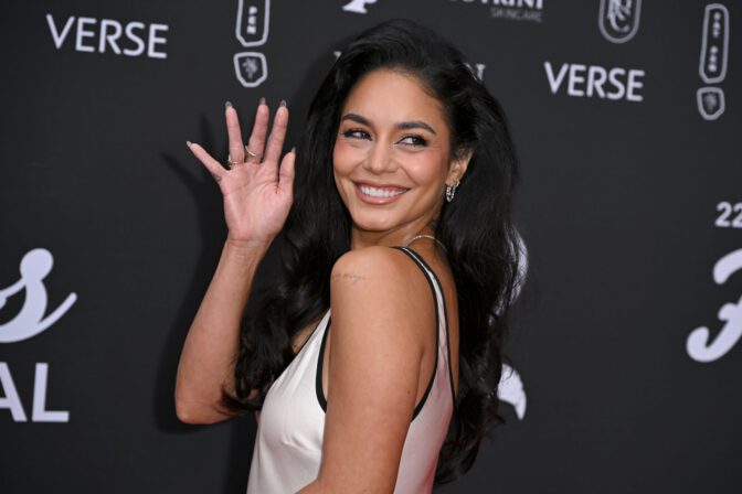 Vanessa Hudgens Cleavage Plunging White Satin Slip Dress Hollyshorts