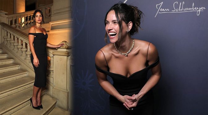 Adria Arjona’s Black Off-Shoulder Dress Turns the Tiffany Dinner Stairs Into Pure Heat