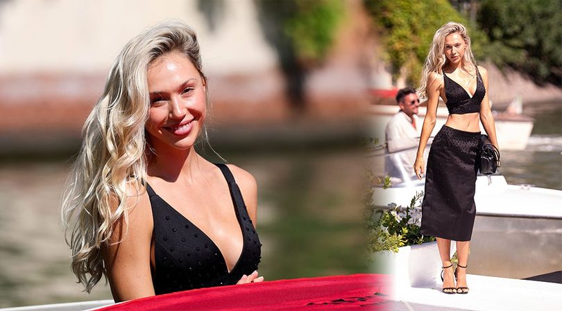 Alexis Ren’s Cleavage and Abs Dominate in Plunging Black Beaded Set by the Venice Canals