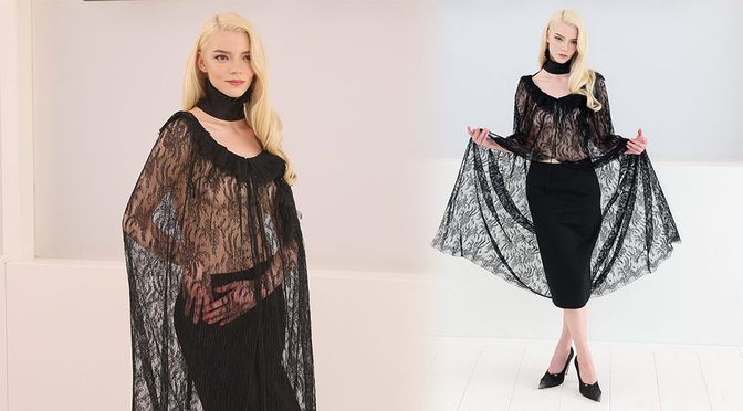 Anya Taylor-Joy Goes Completely See-Through in Black Lace, Soft Breasts Bare Under the Cape at Dior