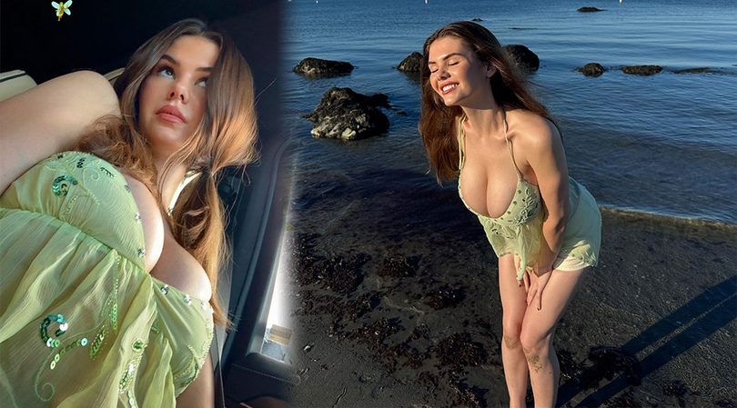 Ashley Tervort Shows Off Massive Cleavage In See-Through Green Top