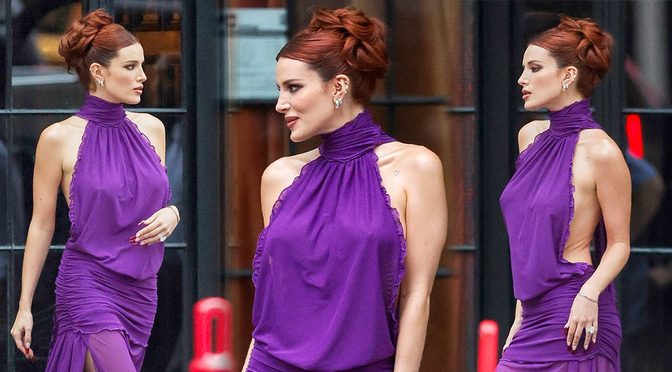 Bella Thorne Braless in Open-Back Purple Dress With High Slit and Side Cutouts in NYC