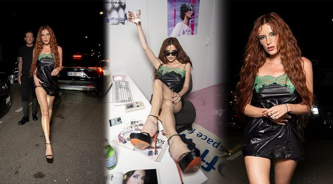 Bella Thorne’s Shiny Black Micro Mini Barely Covers Those Long Legs at Off-White’s Milan Party