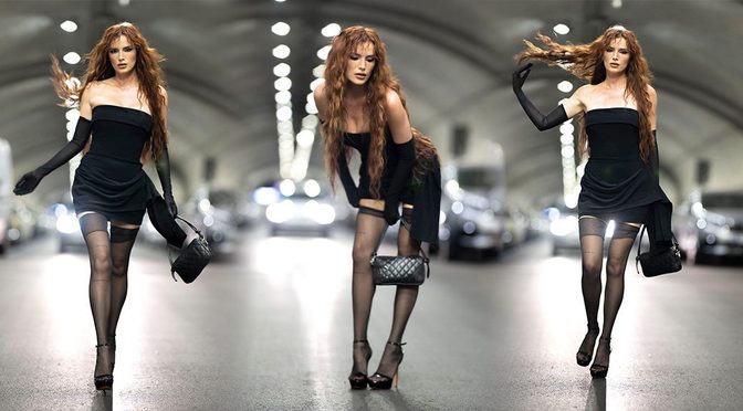 Bella Thorne’s Strapless Black Mini and Sheer Thigh-Highs Steal Every Eye at the Milan Tunnel Walk