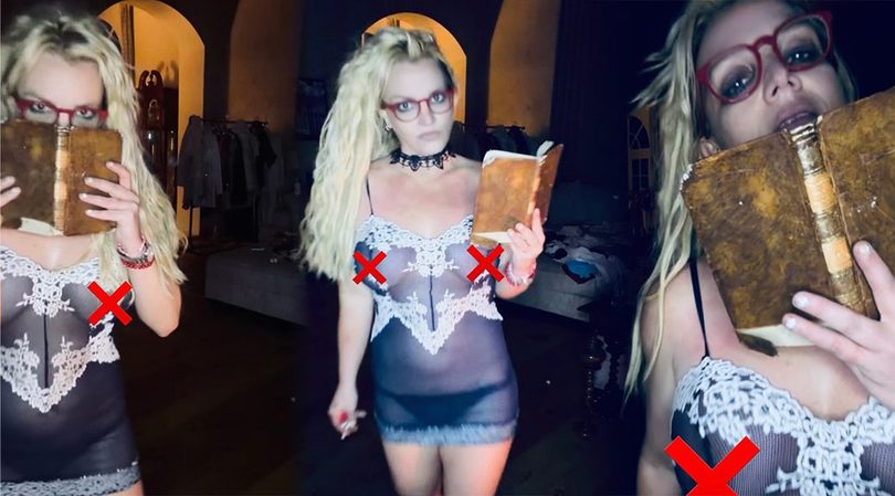 Britney Spears’ Nipples Push Through Sheer Lace as She Poses with a Book and Red Specs for Halloween