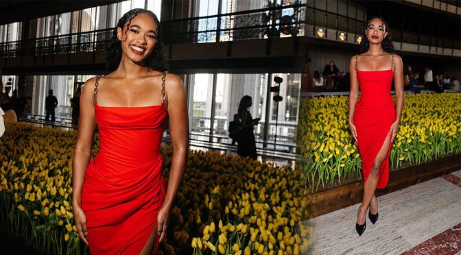Chandler Kinney Burns Up Carolina Herrera Front Row in Scorching Red Chain-Strap Dress That Clings to Every Curve