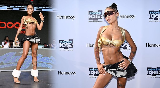 Coi Leray Stuns Brooklyn with a Bold Gold Bikini Top and Sporty Miniskirt at Angie’s Summer BBQ