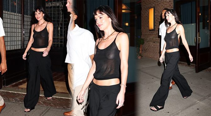 Dakota Johnson Spotted Braless in See-Through Black Top, Nipples on Full Display in New York