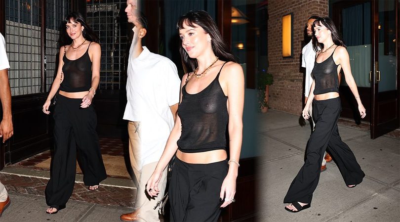 Dakota Johnson Spotted Braless in See-Through Black Top, Nipples on Full Display in New York