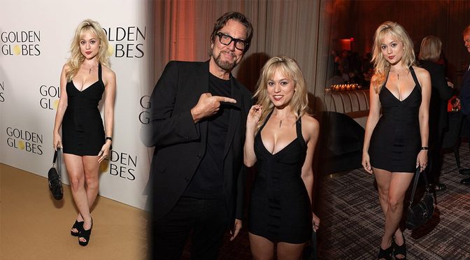 Ella Ballentine Busts Out in a Micro Black Dress at Golden Globes Party