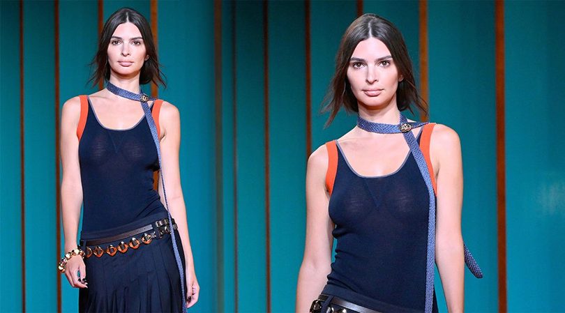Emily Ratajkowski Goes Full Braless in Sheer Navy Tank on Tory Burch Runway, Nipples on Full Display